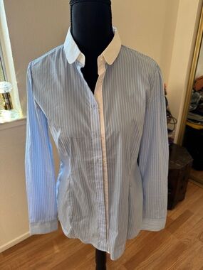 Women's Light Blue Pinstripe Dress Shirt with White Contrast Collar